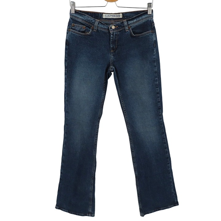 Express Womens 3/4 Long Low Slung Flare Stretch Medium Blue Denim Jeans Y2K