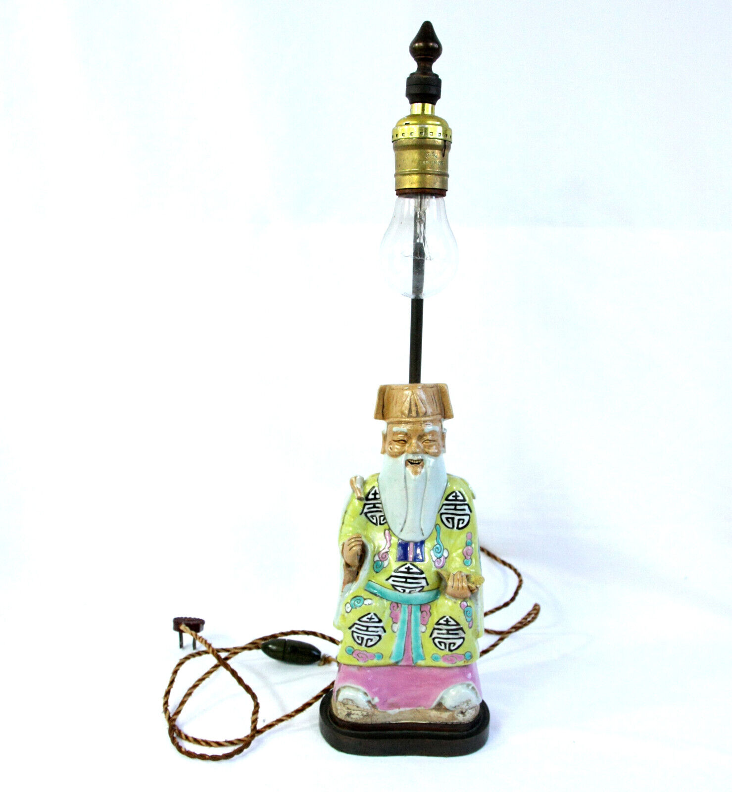Antique Asian Chinese Mud Man Hand Painted Porcelain Ceramic Table Lamp Light