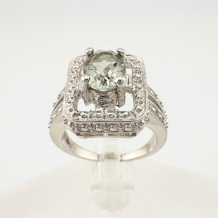 Beautiful Natural Light Green Amethyst Ring with small Diamond - Sterling Size 7