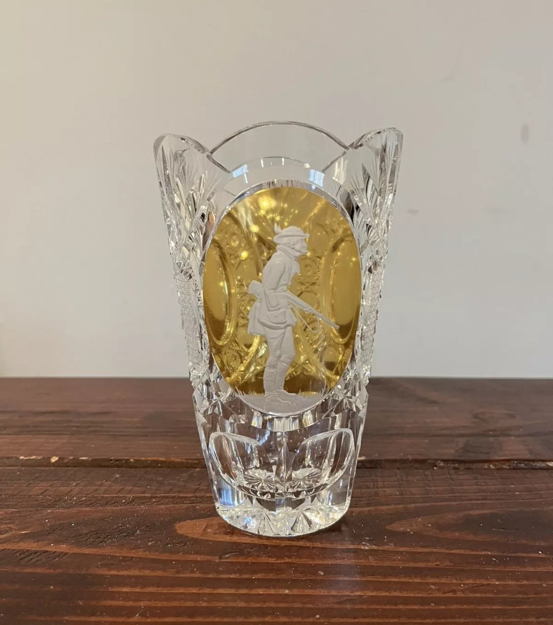 Vintage Retro Antique Bohemia Czech Cut Glass Vase Clear Crystal Rifle Soldier