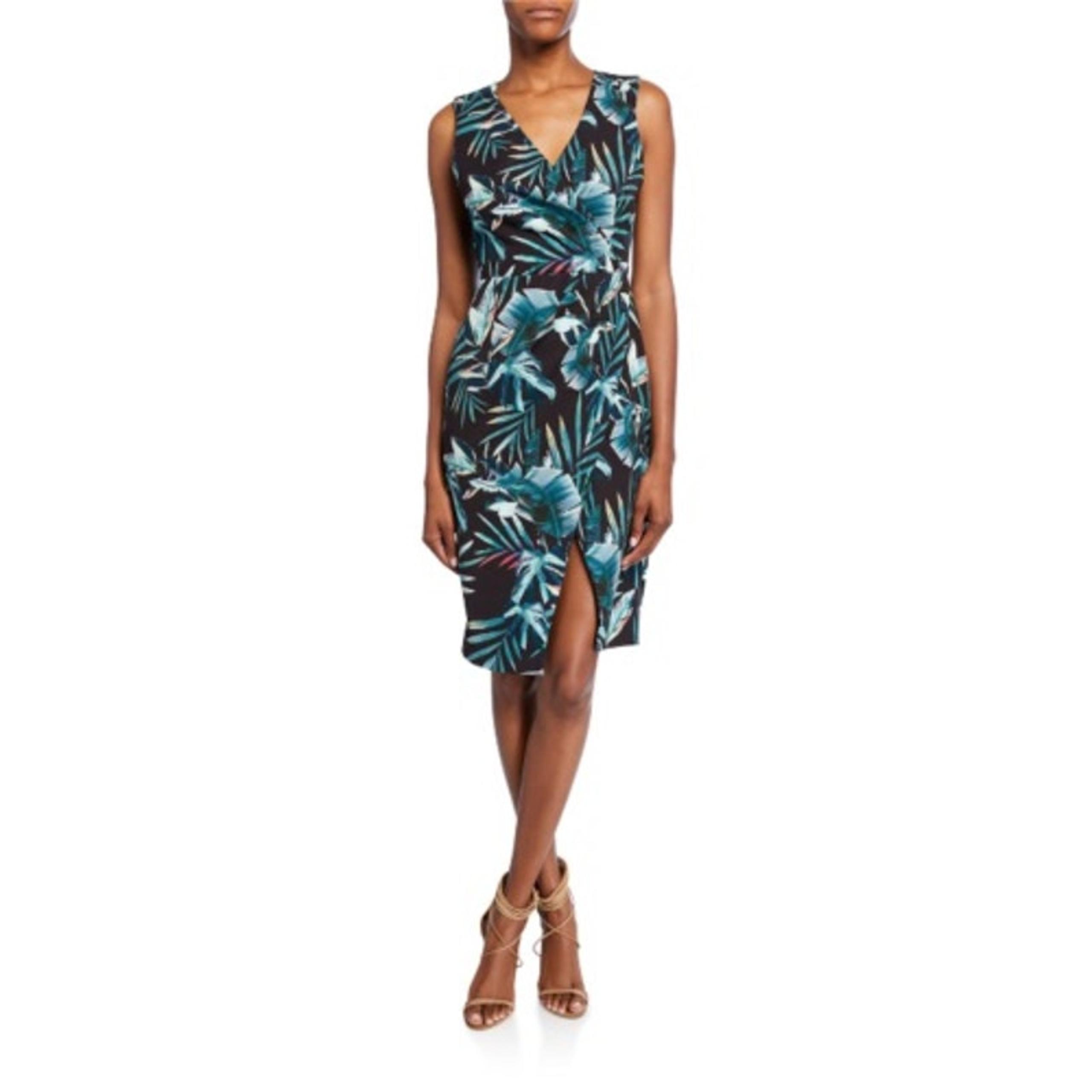 Black Halo Nora Tropical Leaf Print Black Sleeveless Faux Wrap Dress Size 8