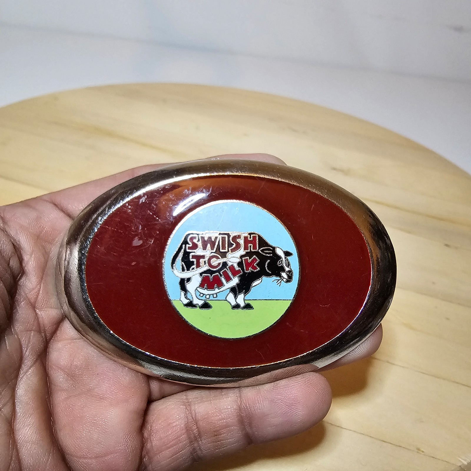 Vintage Swish To Milk Oval Shaped Colorized Belt Buckle Marked A.S On Back