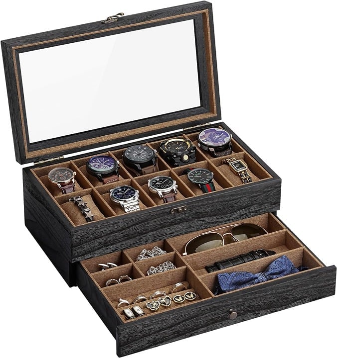 Wooden Watch Box with 10 Slots, 2-Tier Watch Display Case for Large Watches