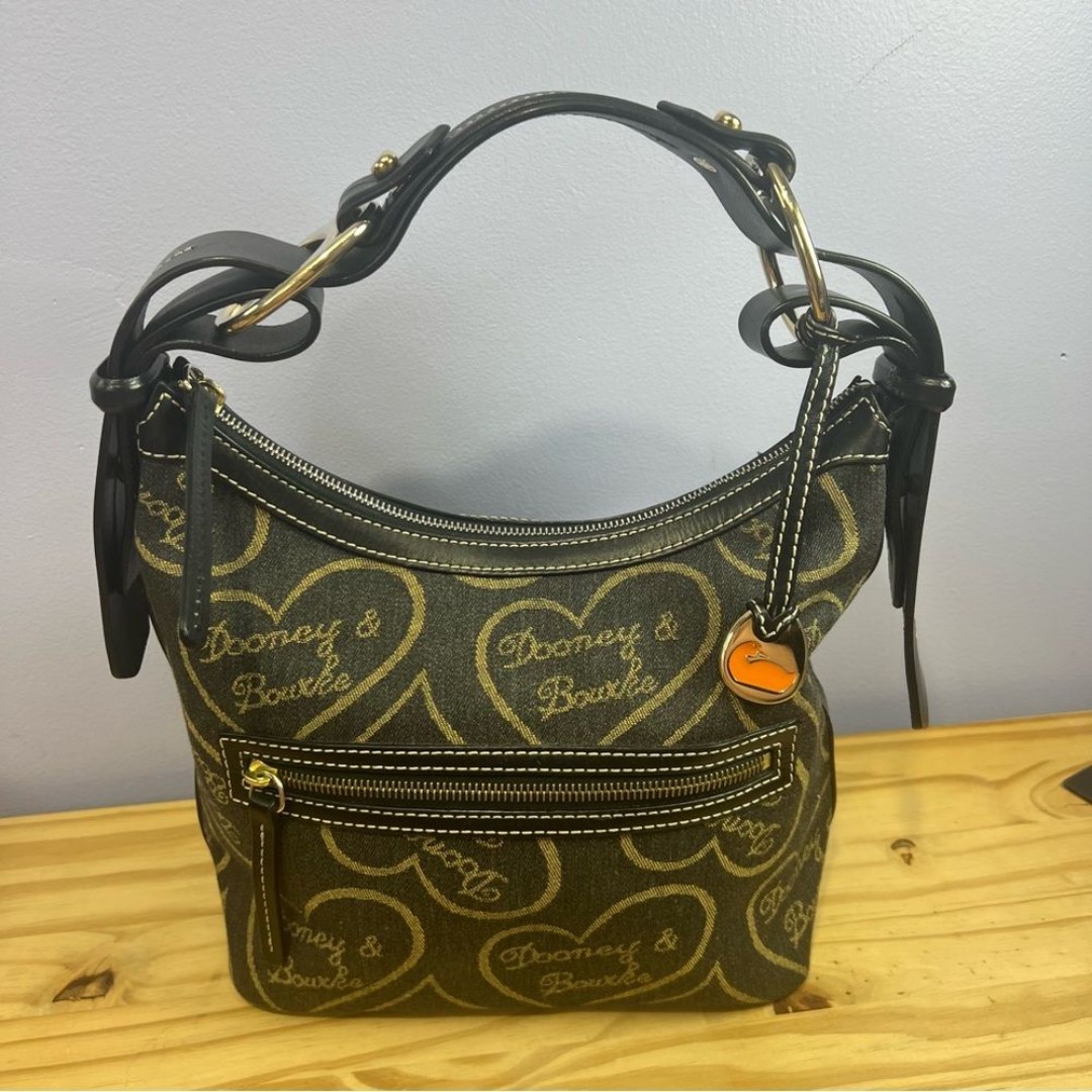 Dooney & Bourke Dark Blue Denim with Gold Hearts Shoulder Bag