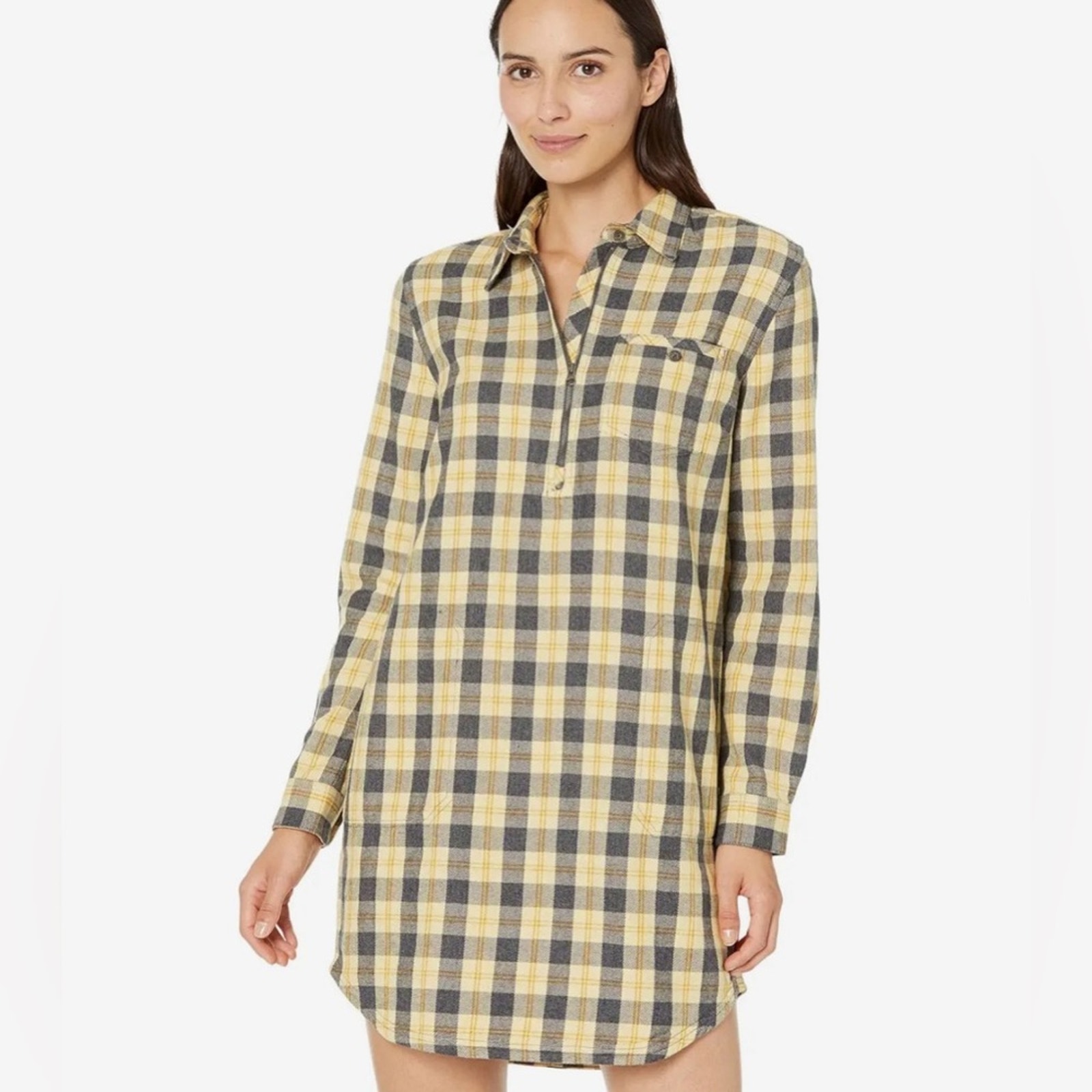 Toad&Co Bodie 1/4 Zip Long Sleeve Dress Yellow Plaid Size Large