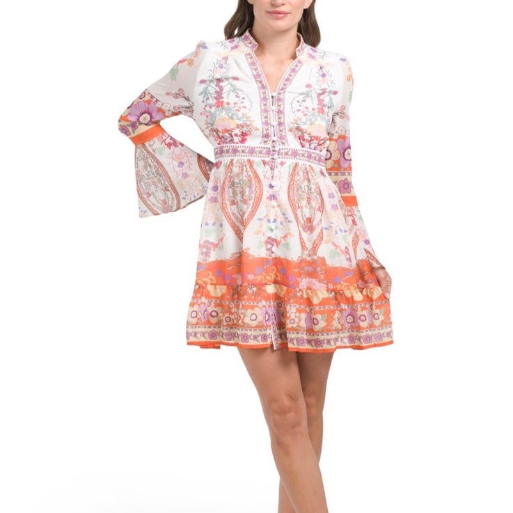 Dalia Macphee Women’s Floral Border Print Dress New Sz L Bell Sleeve