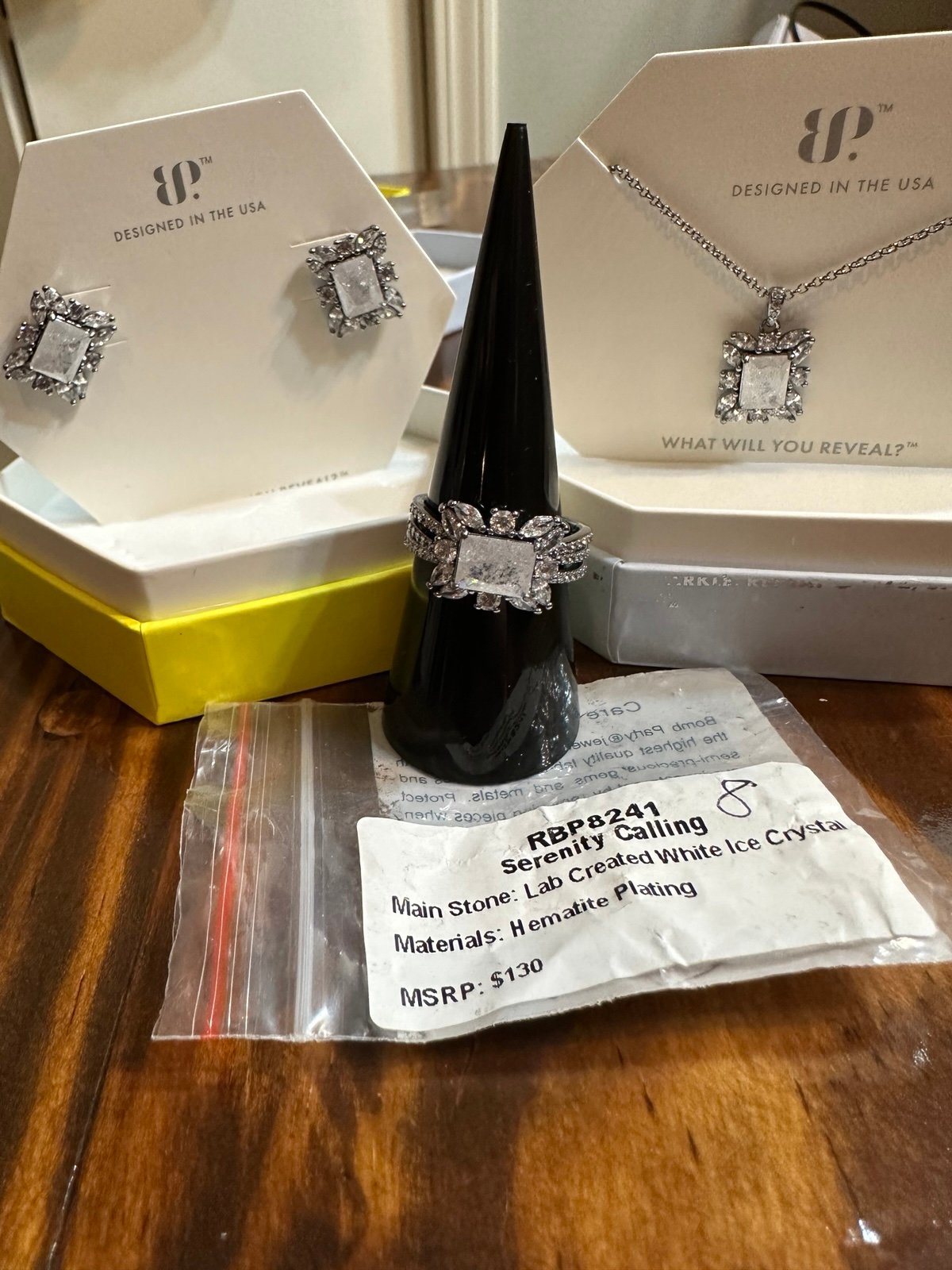 Bomb Party Serenity Calling Set Necklace, Earrings, Ring SZ 8