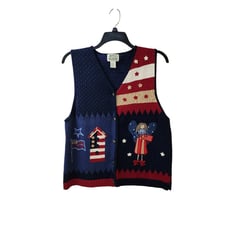 The Quacker Factory Vintage Navy Red American Flag Knit Vest Large Cottage
