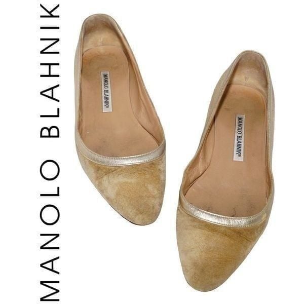 Manolo Blahnik Tan/Beige Suede Pointed Toe Flats, Size 36