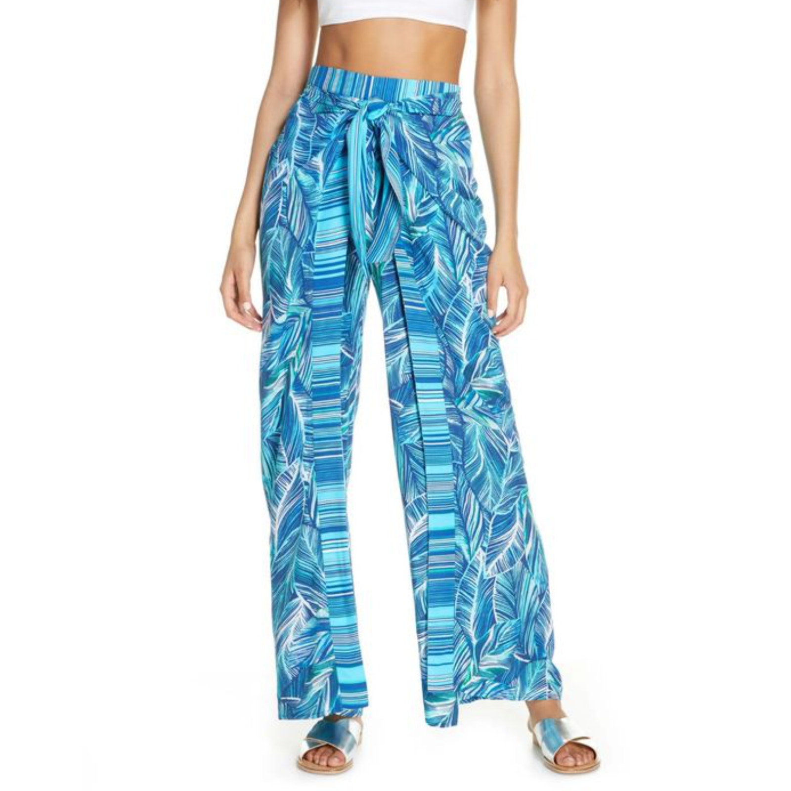 New! La Blanca Sketched Leaves Side Slit Waist Tie Cover Up Pants