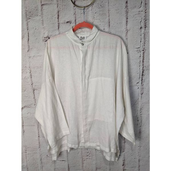 PLANET Lauren G Top O/S White Linen Coastal Boxy Oversized Lagenlook Artsy Butto