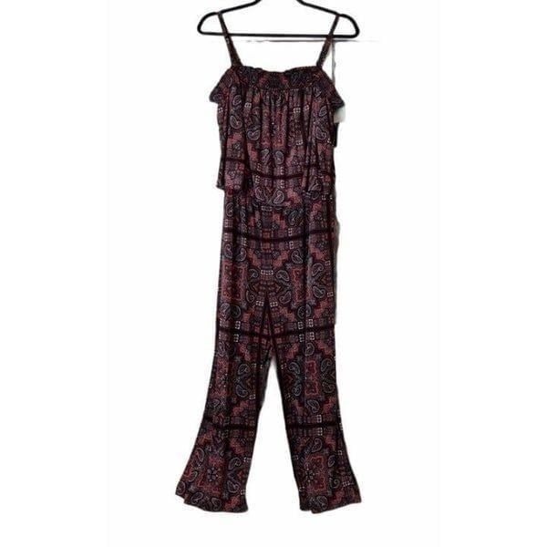 INC International Concepts Womens Plus 3X Red Black Paisley Smocked Jumpsuit