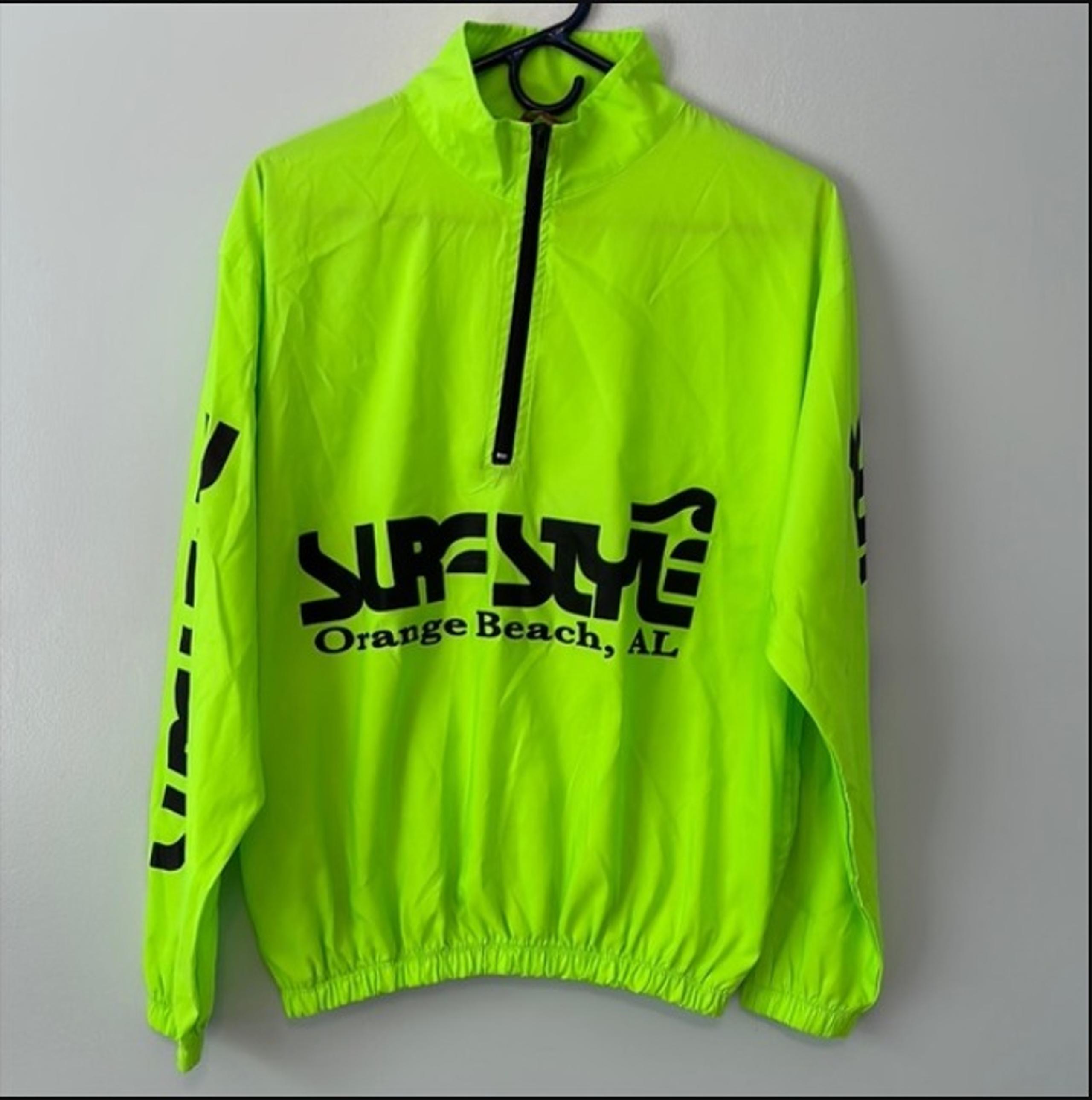 Vintage Surf Style Pullover Quarter Zip Windbreaker Neon Green Black Size Large