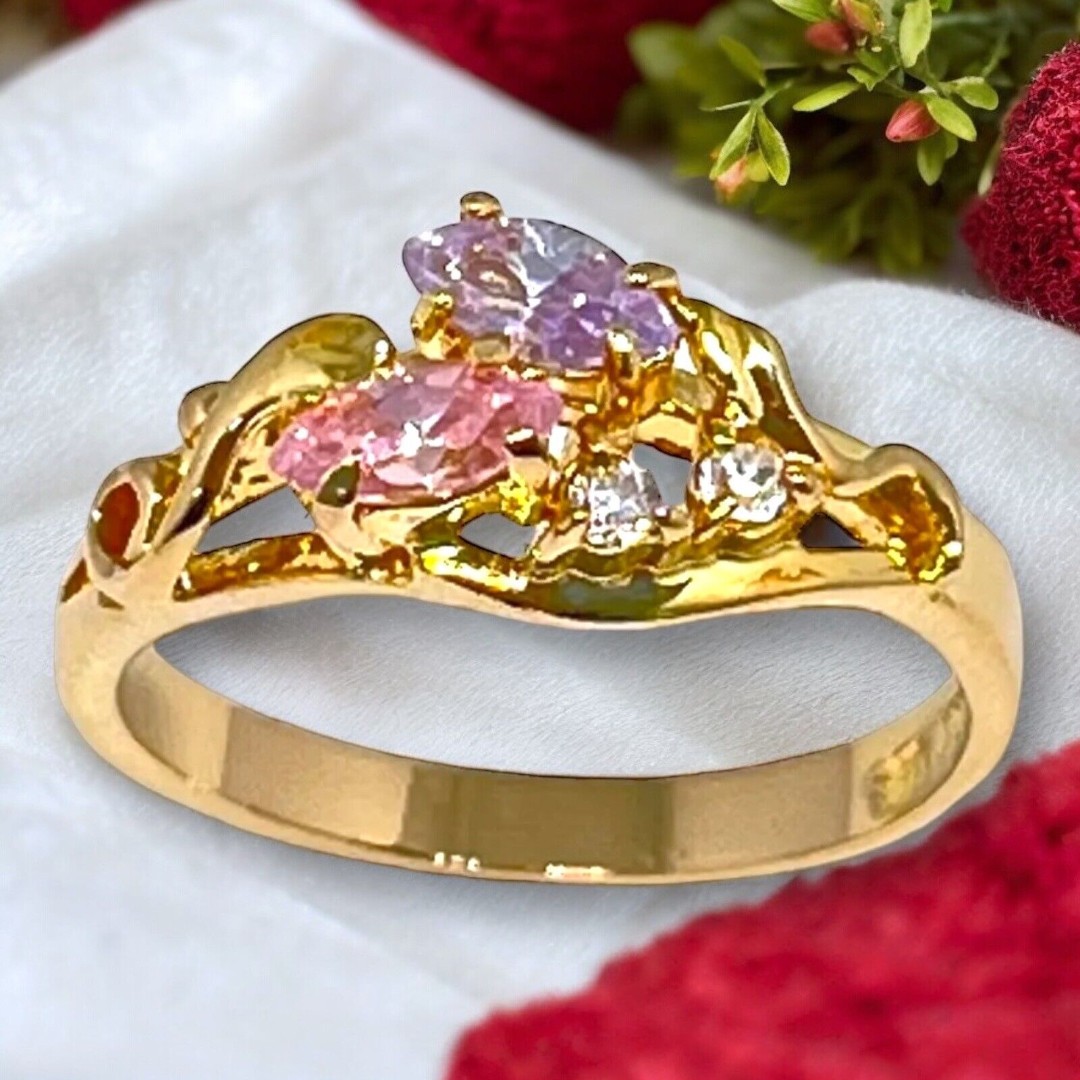 Vintage Ring Size 6 Pink Purple Clear Cubic Zirconia Gold Plate Mid-Century 14L
