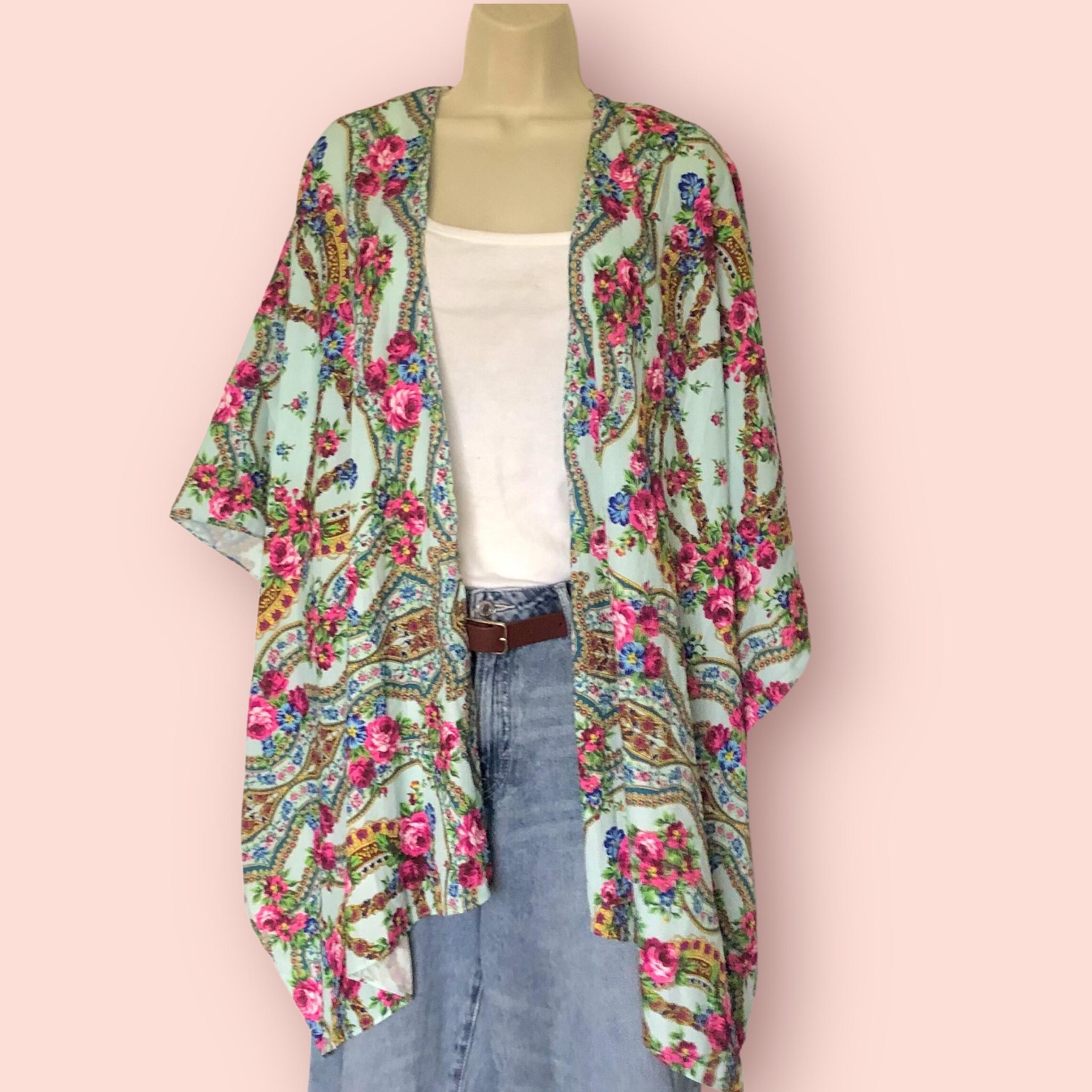 UMGEE USA New Floral Kimono Cardigan Beach Cover-up Turquoise Blue One Size