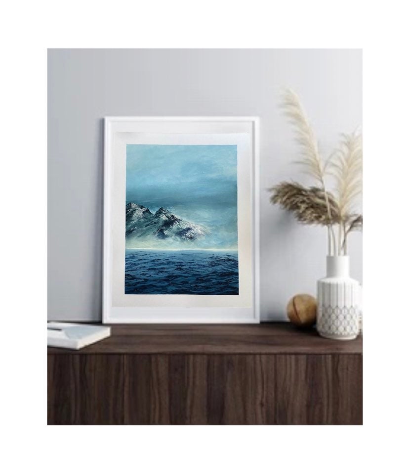 Original Ocean Mountain Painting on Paper