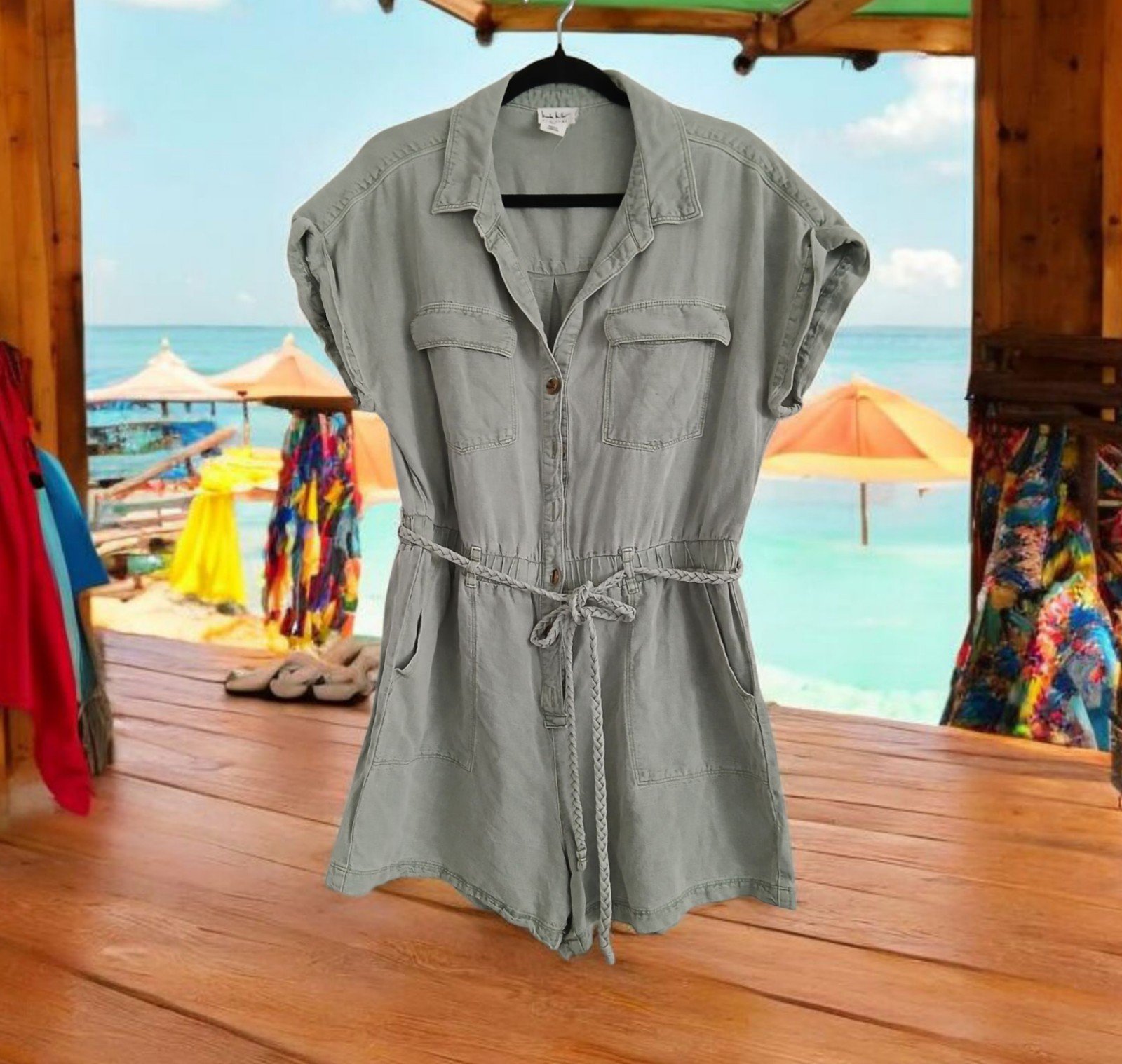 Linen blend button up Cap sleeve summer Romper