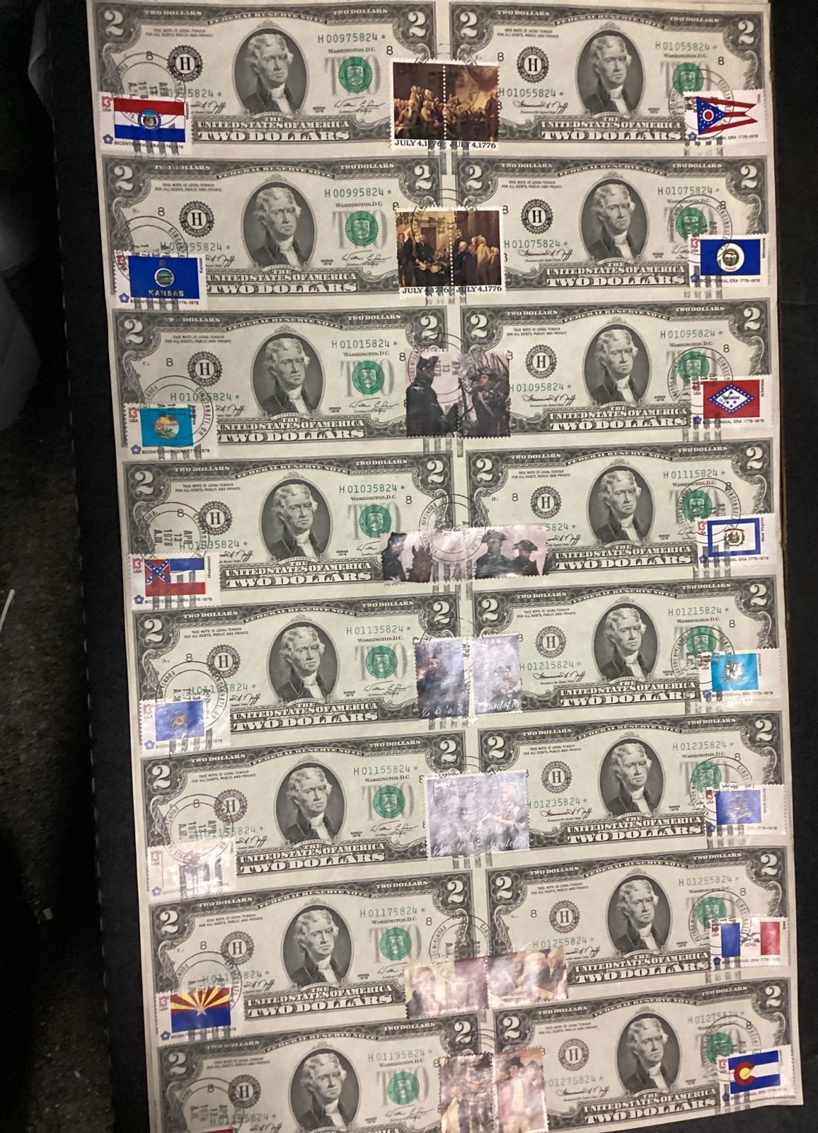 Uncut Sheet of 16-1976- Bicent. Star 2.00 Bills. Two Bicen. FDOI Postage STAMPS