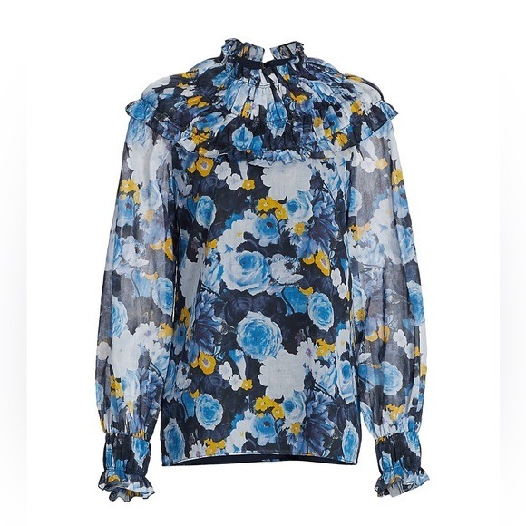 Lela Rose Blue Floral Printed Voile Ruched Yoke Detail Blouse