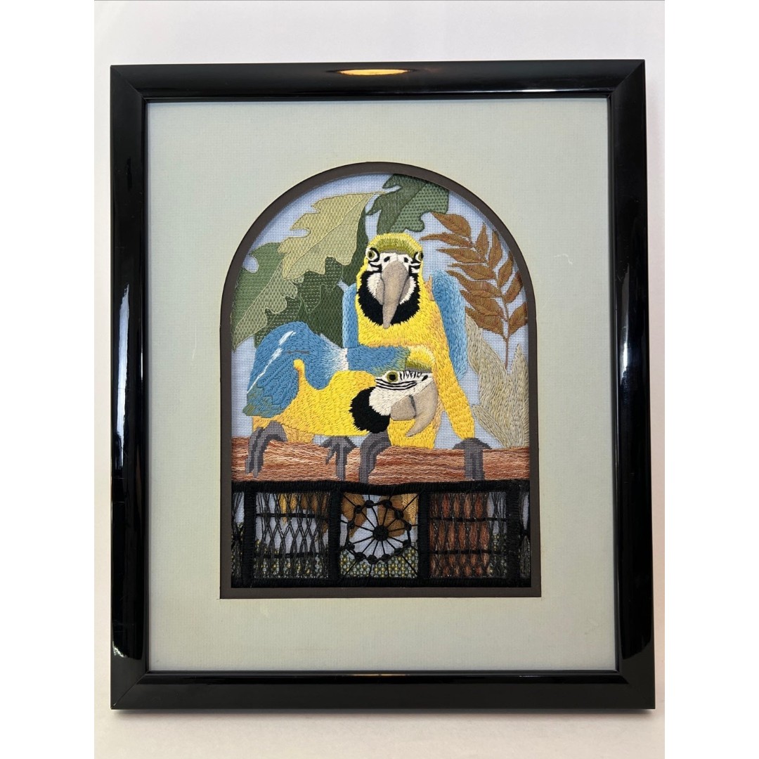 Vintage Original Crewel Embroidery Needlework Framed Art birds