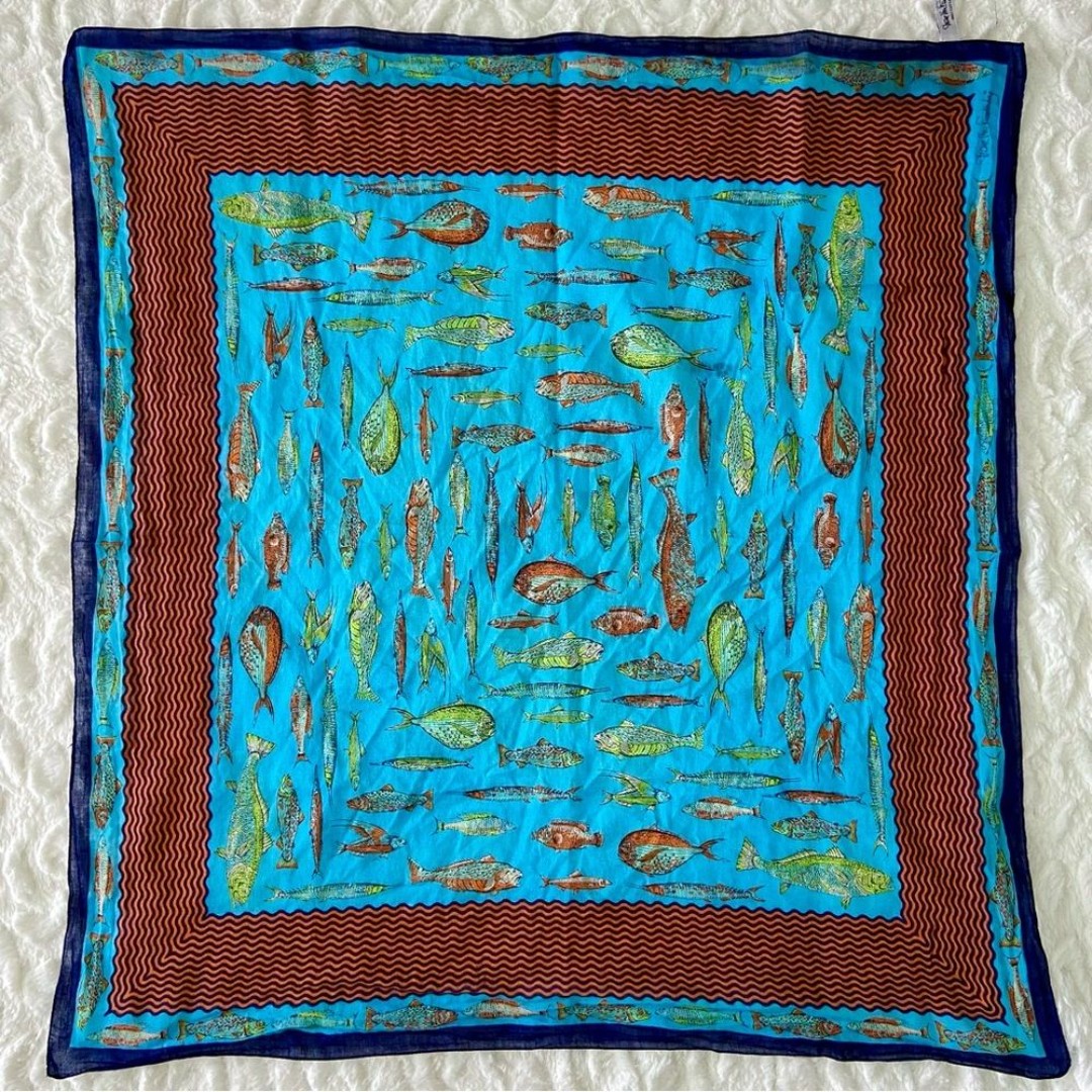 Diane Yon Furstenberg Aqua Multicolor Vintage 80s Fish Print Cotton Scarf