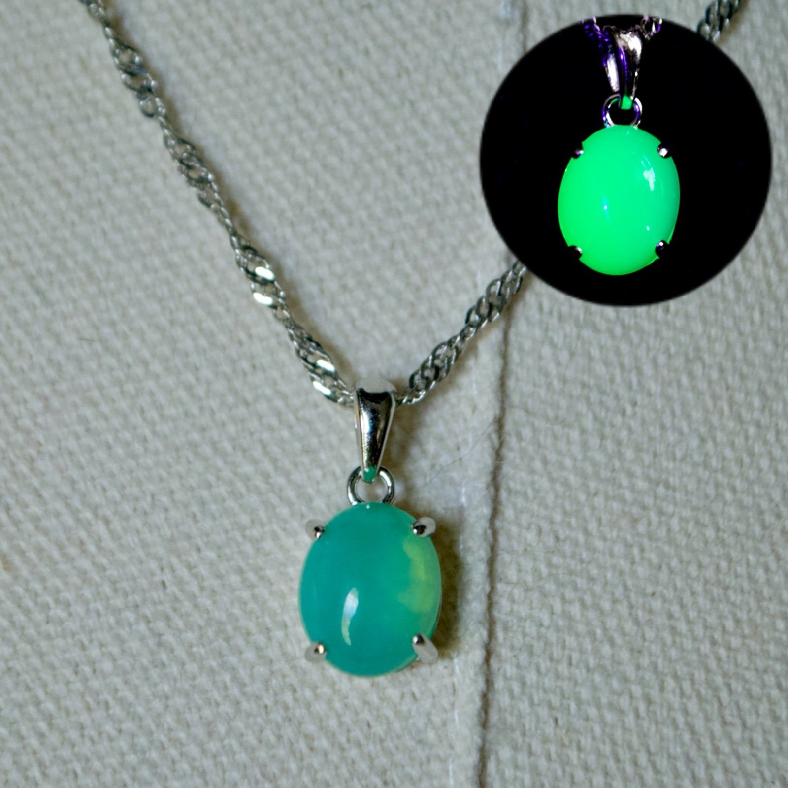 Sterling Silver UV Reactive Uranium Green Opaline Glass Necklace