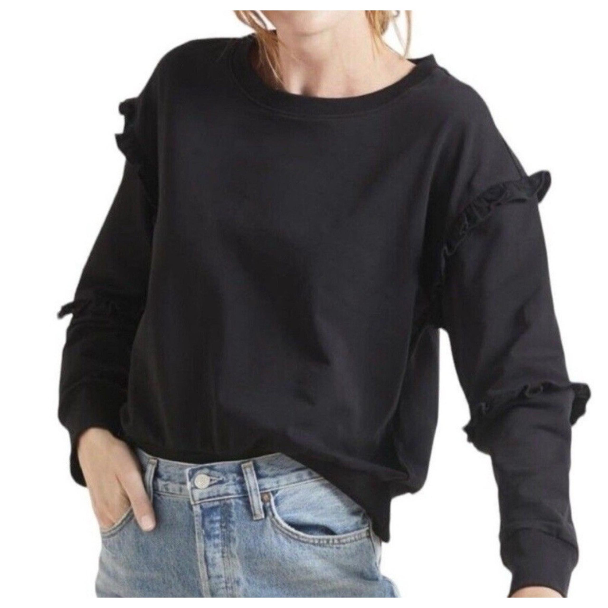 Evereve Women's Sonia Ruffle Sweatshirt Black Minimalist Sz Small