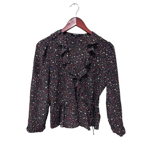 Madewell Star Print Patriotic USA 100% Silk Ruffle 3/4 Sleeve Blouse Size S