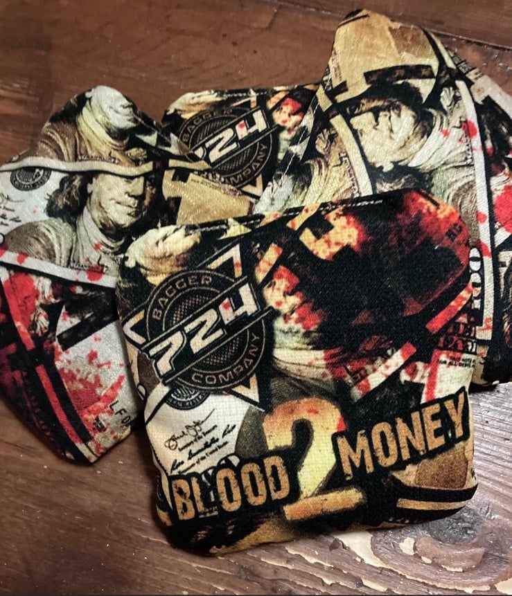 724 blood money 2 “gold rush” cornhole bags