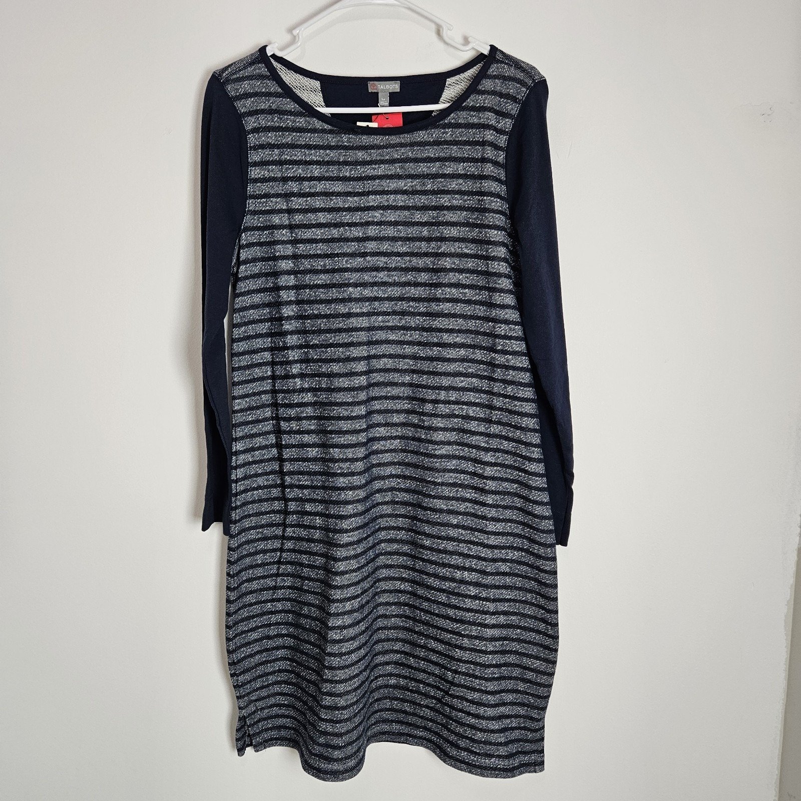 T by Talbots Shift Dress Sz PETITE L Blue Gray Striped Athleisure Stretch NEW