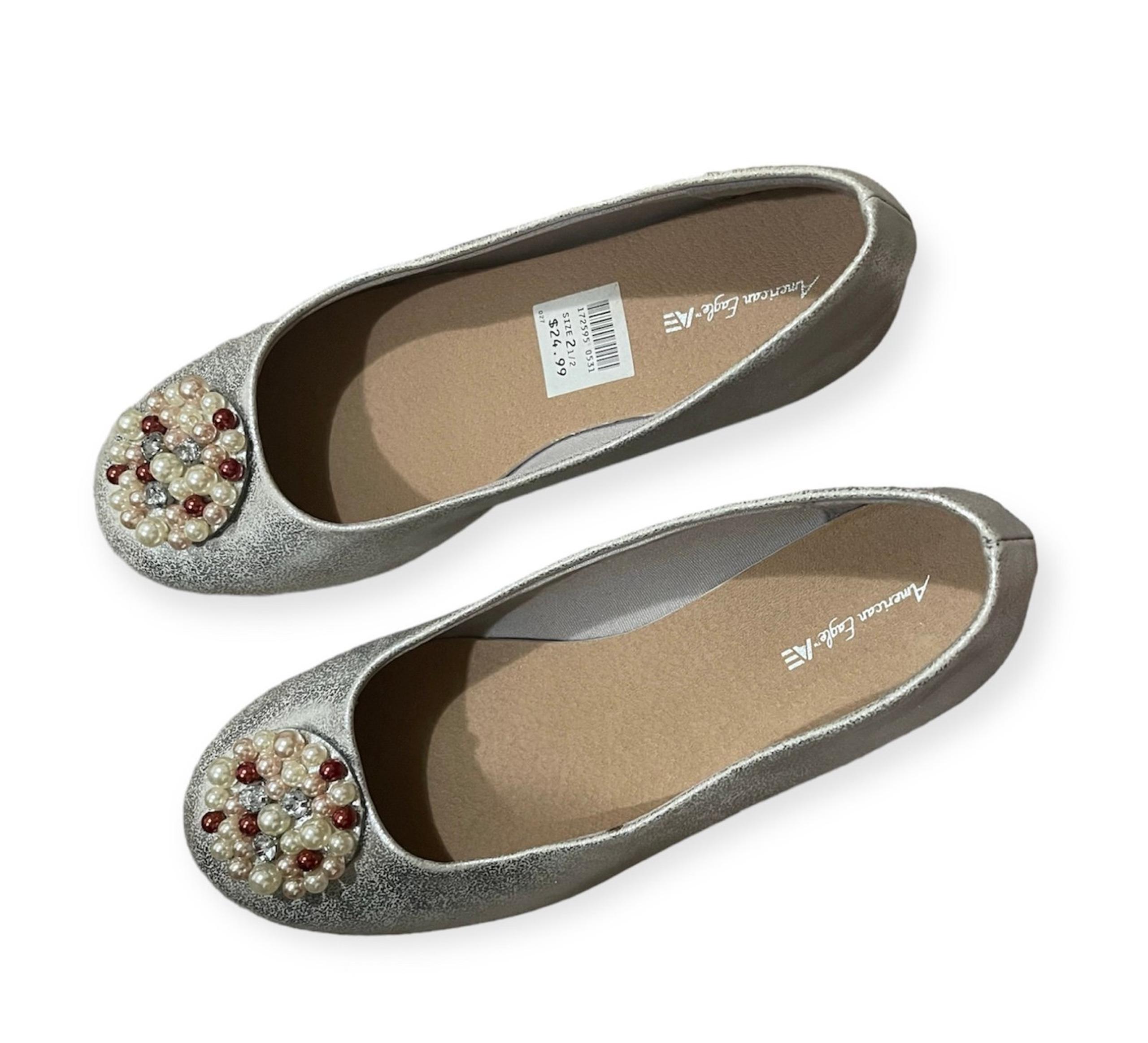 American Eagle Girls Ballet Flats Dress Shoes Silver Metallic, Beaded - Size 2.5