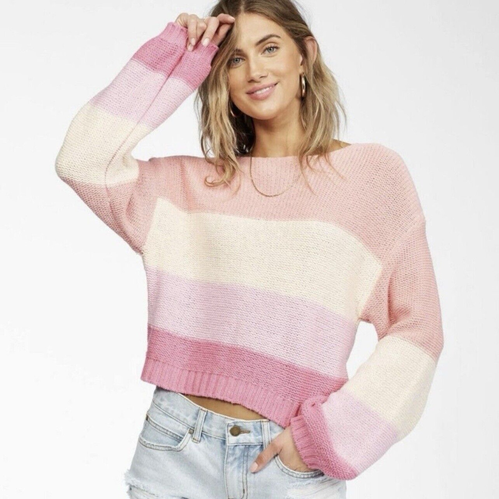 Billabong Womens Pink Seeing Stripes Sweater Size Large Chunky Knit Cropped NWT