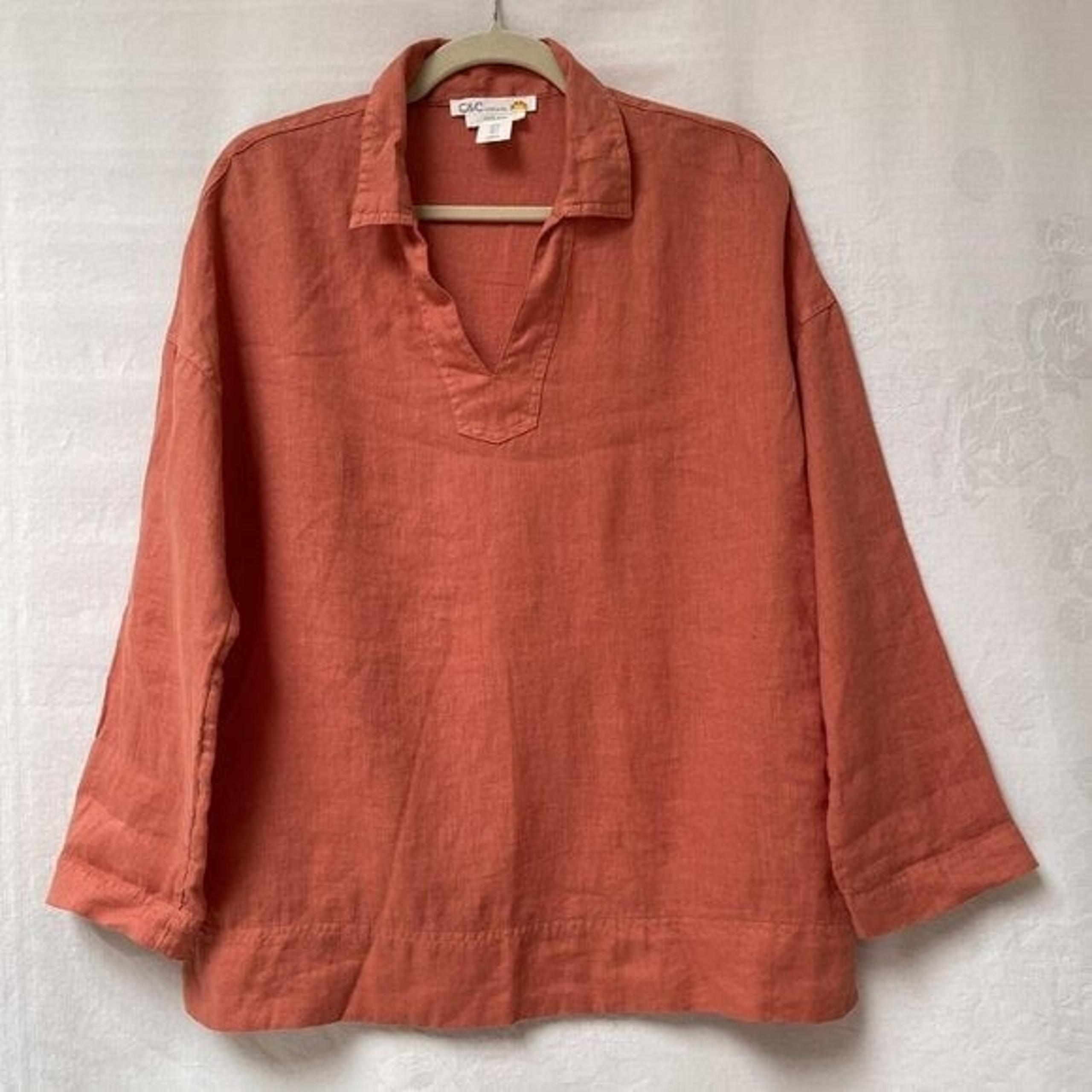 C&C California Blouse Womens Small Orange Linen Tunic Collar Relaxed Vacation