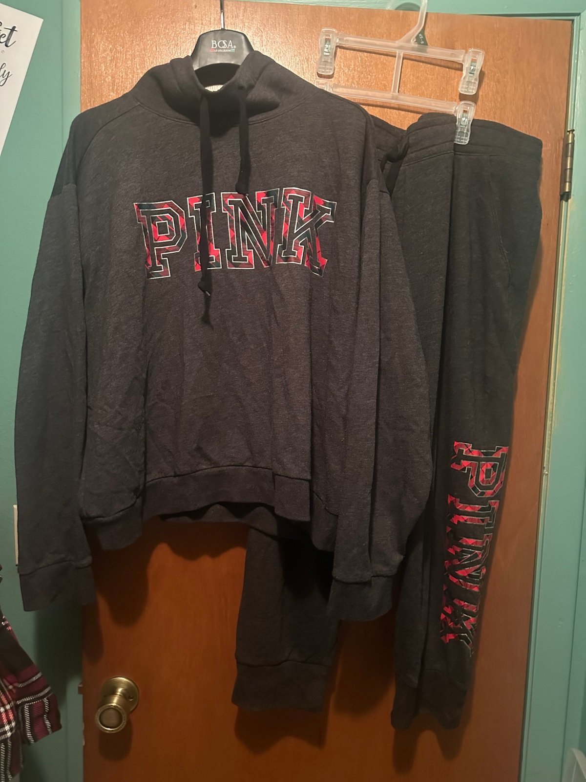 PINK dark, gray, and holiday print two-piece jogging suit