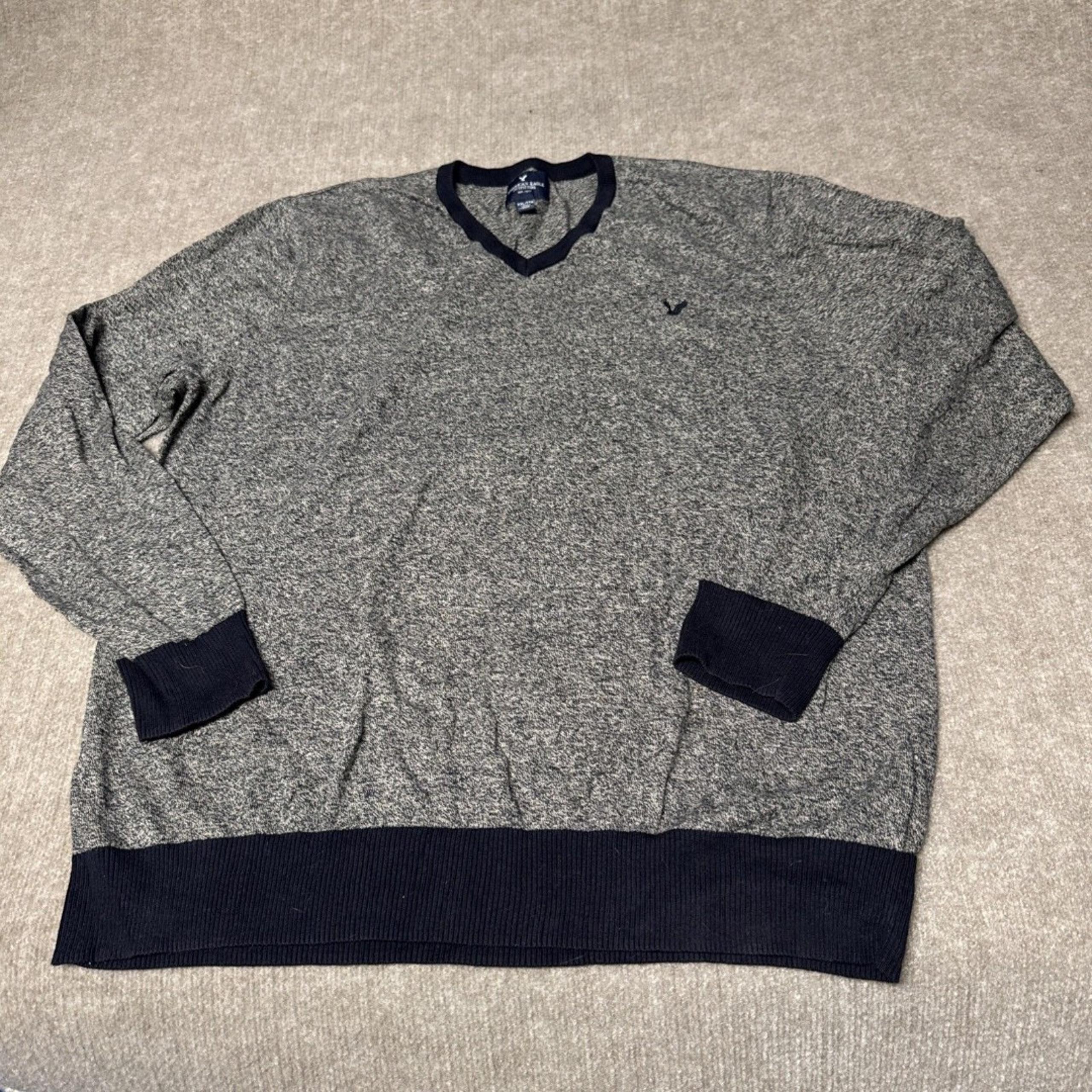 Sweater Mens 2XL Navy Gray Knit V-Neck - American Eagle