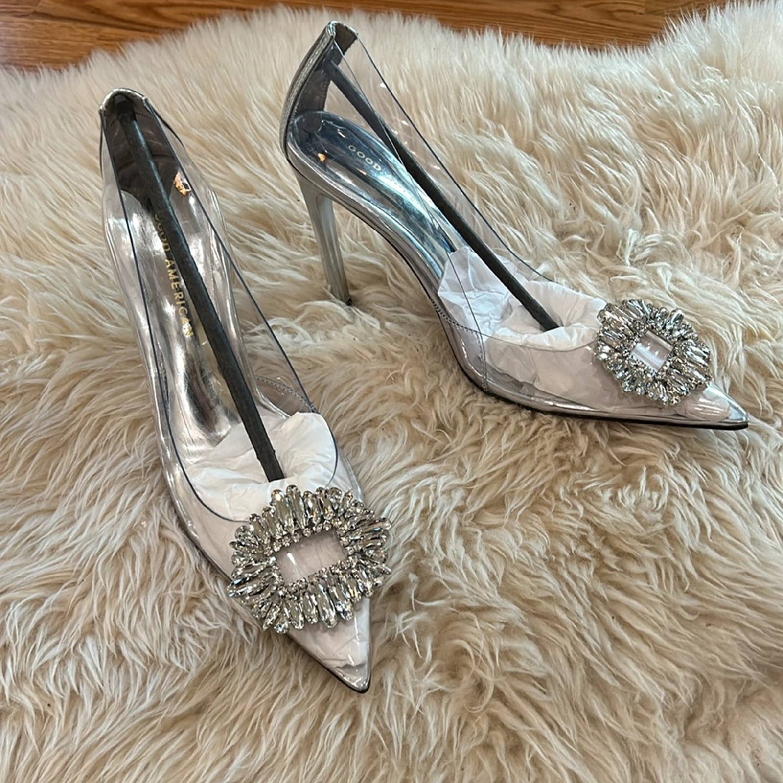 GOOD AMERICA Cinderella clear glass crystal buckle embellished stiletto heels 8