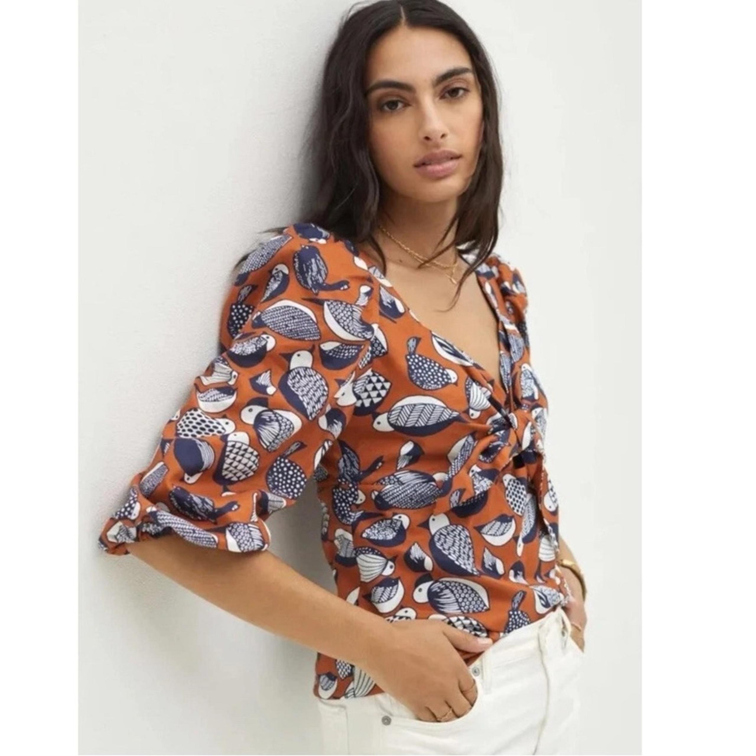 Anthropologie Eva Franco Whimsical Bird Puff Sleeve Sweetheart Blouse Size 6