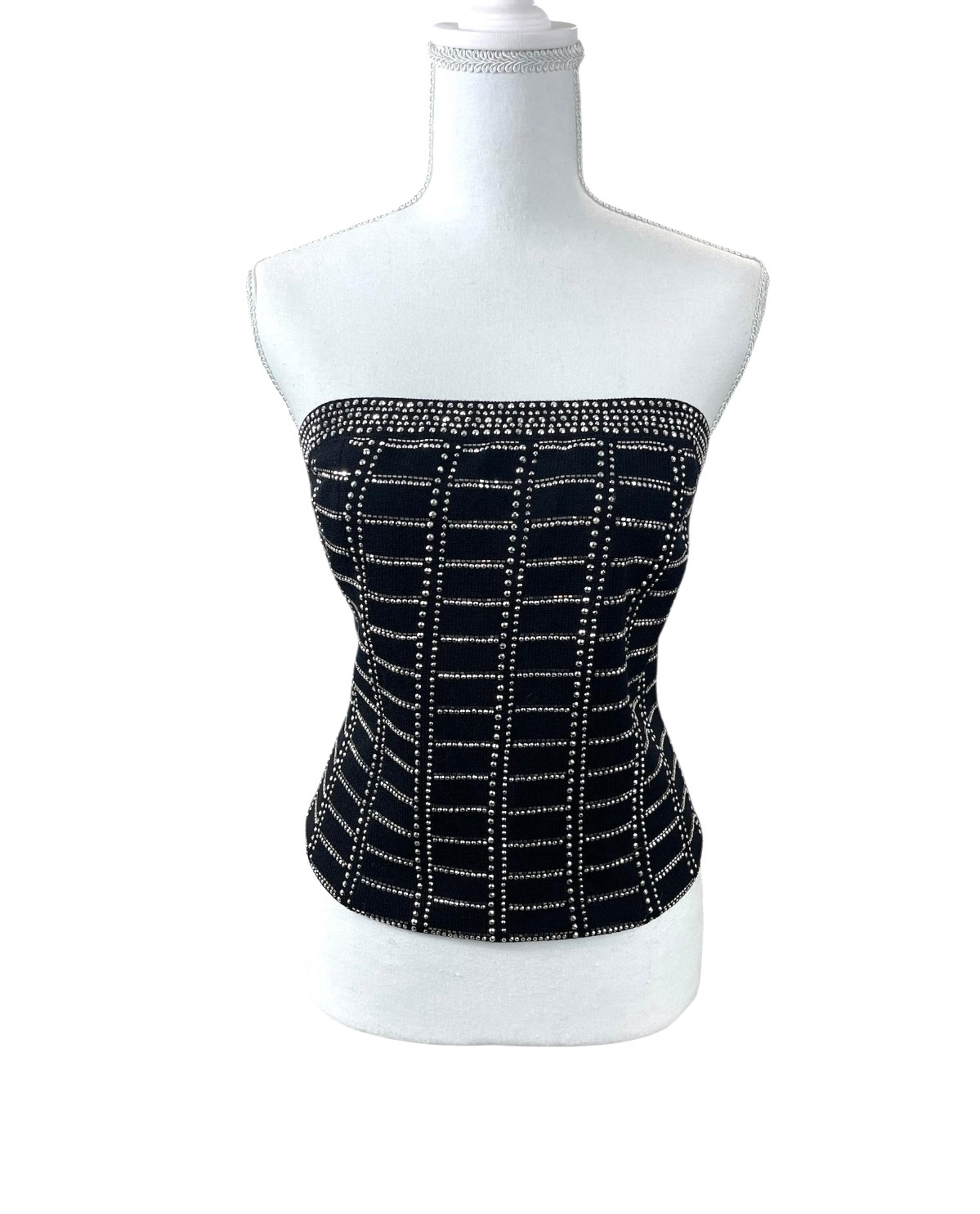 Vintage Y2k St. John Black Knit Strapless Crystal Beaded Tube Top Glam Luxury