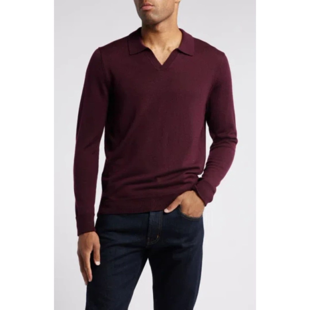 John W. Nordstrom 100% Extra fine Merino Wool Collared Burgundy Sweater Sz LT