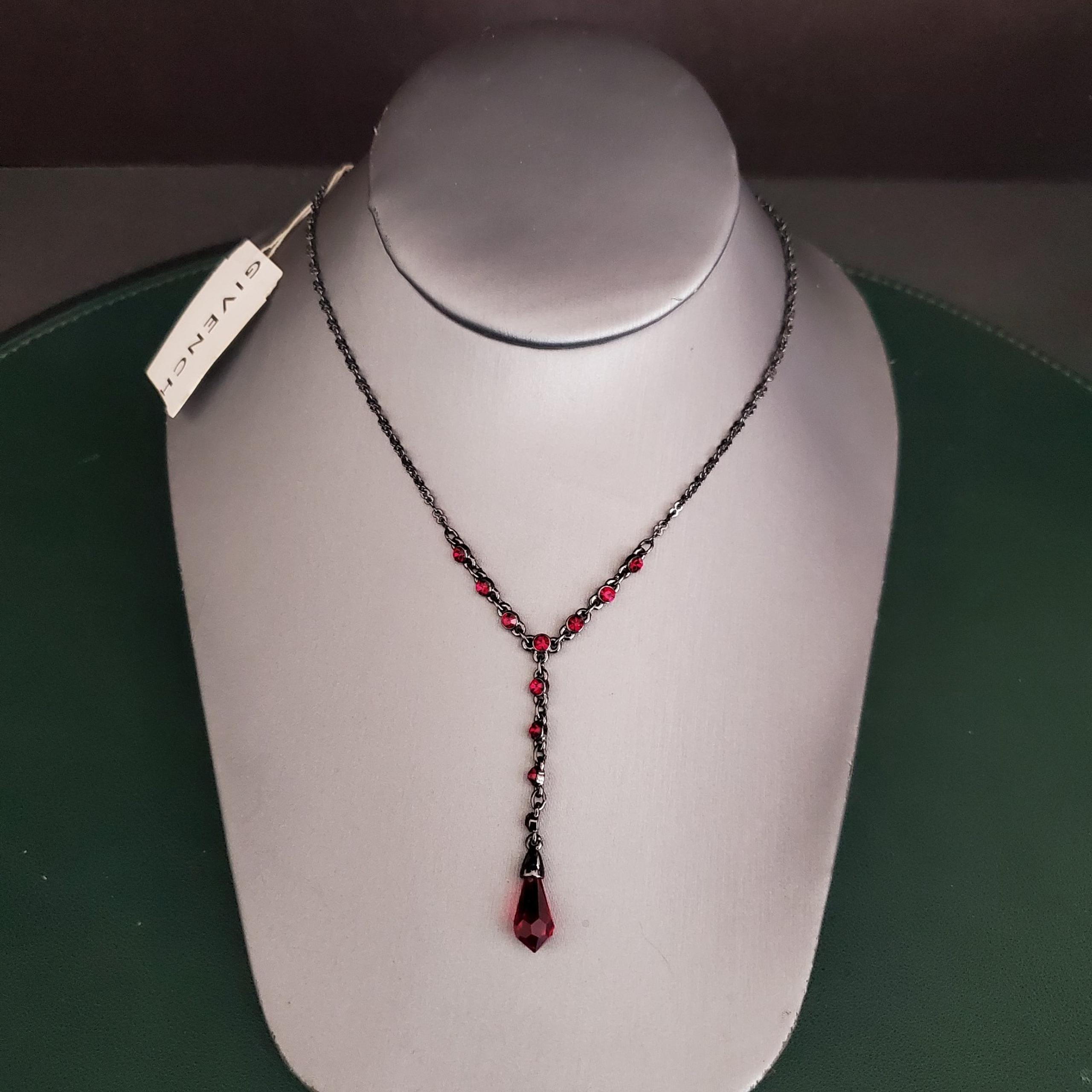Givenchy Y- Drop Necklace Gunmetal with Faceted Ruby Red Lucite Droplets NWT