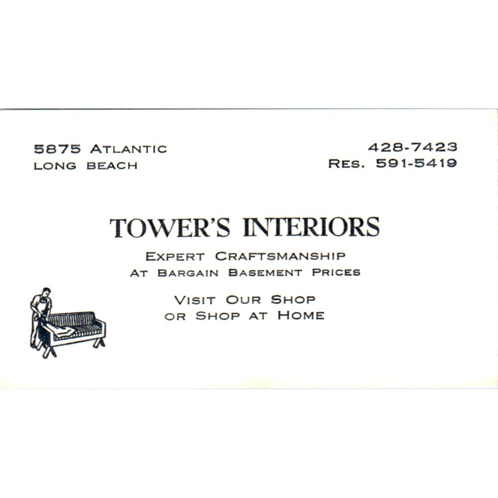 Tower's Interiors Long Beach California Vintage Business Card SD8-B3