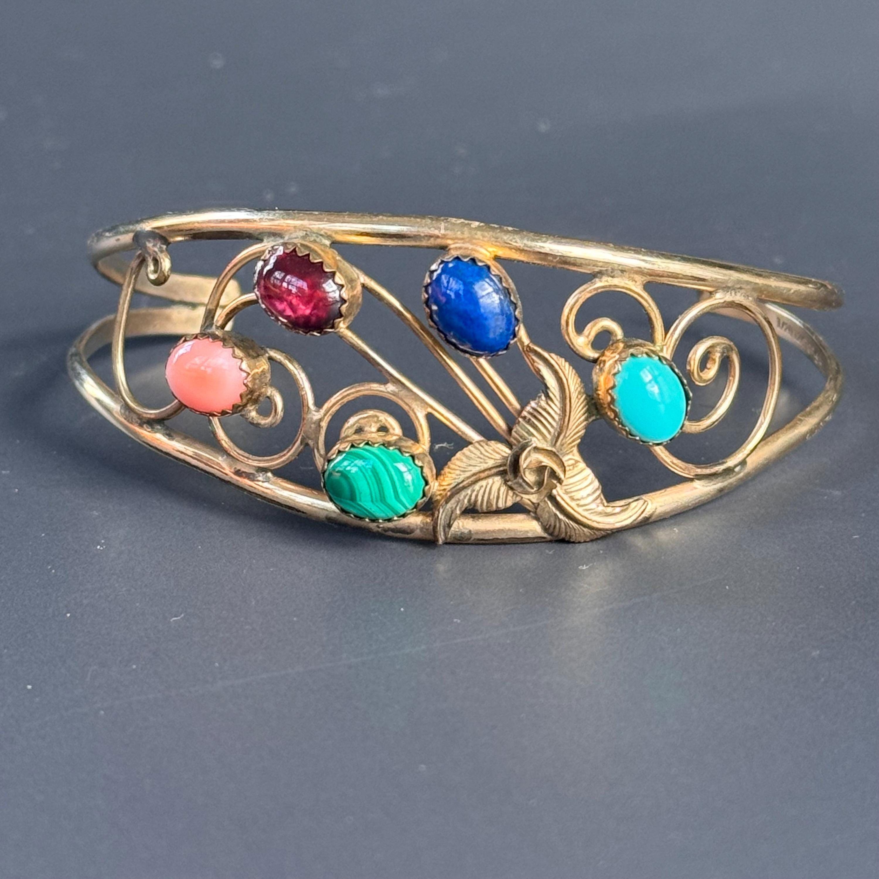 Wide Vintage 1/20 Gold Filled Gemstone Glass Ornate Cuff bracelet bangle