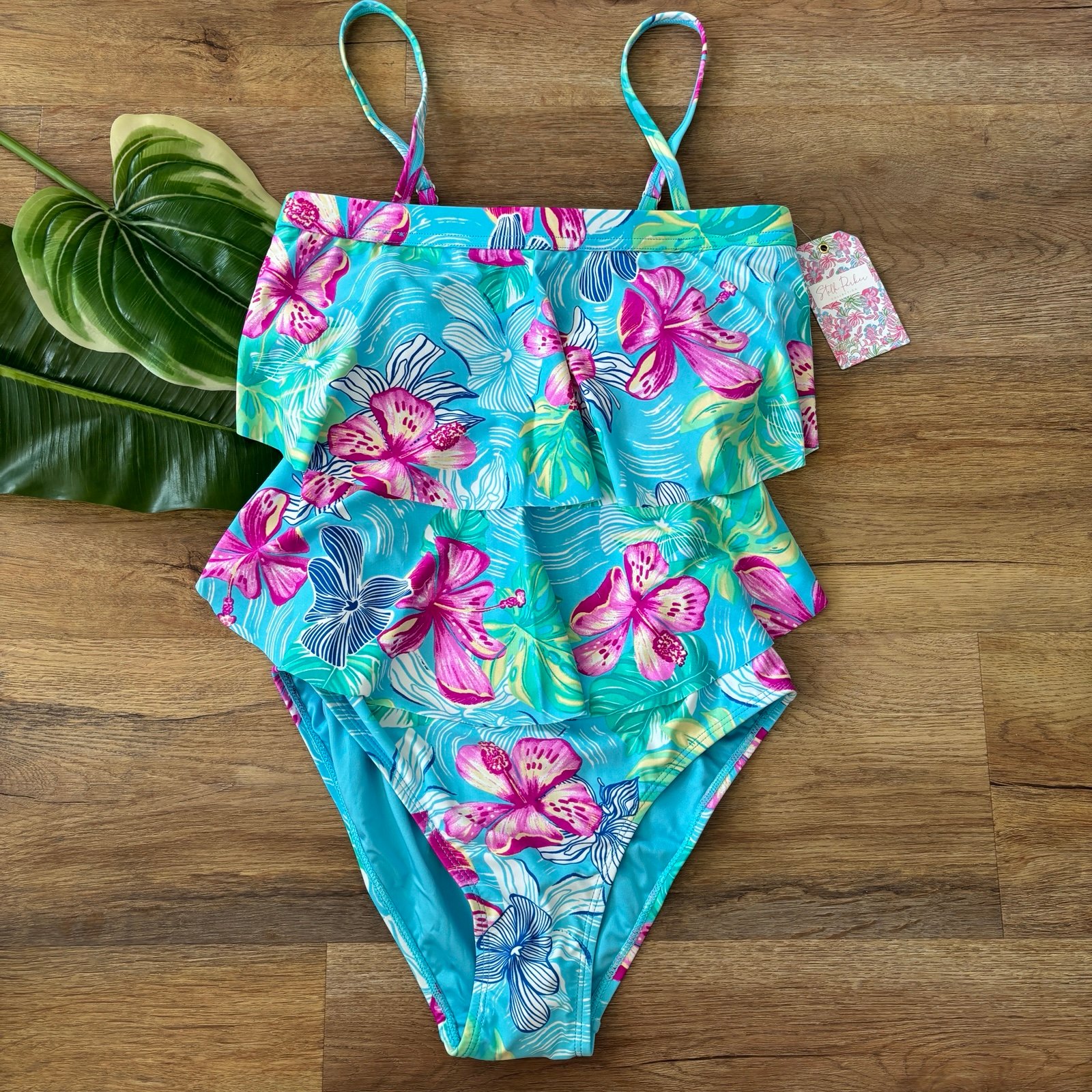Stella Parker 1 Piece Tropical Floral Print Ruffled Swimsuit NWT Sz. M [nr]