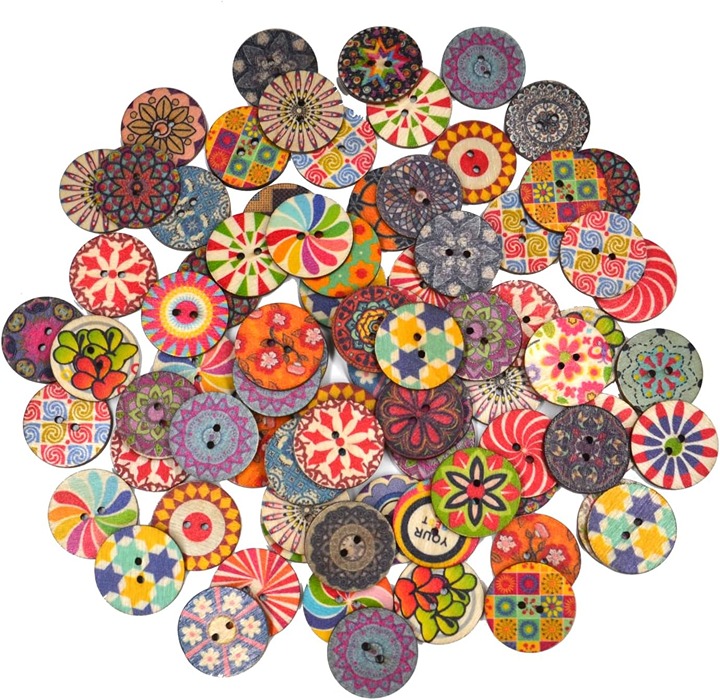 NEW 100 Pcs Mixed Color Wood Buttons 1 Inch Natural Round Shapes