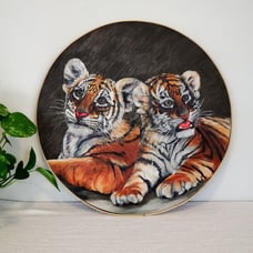 Framed original boho tiger cub oil painting on wood, signed, wall art