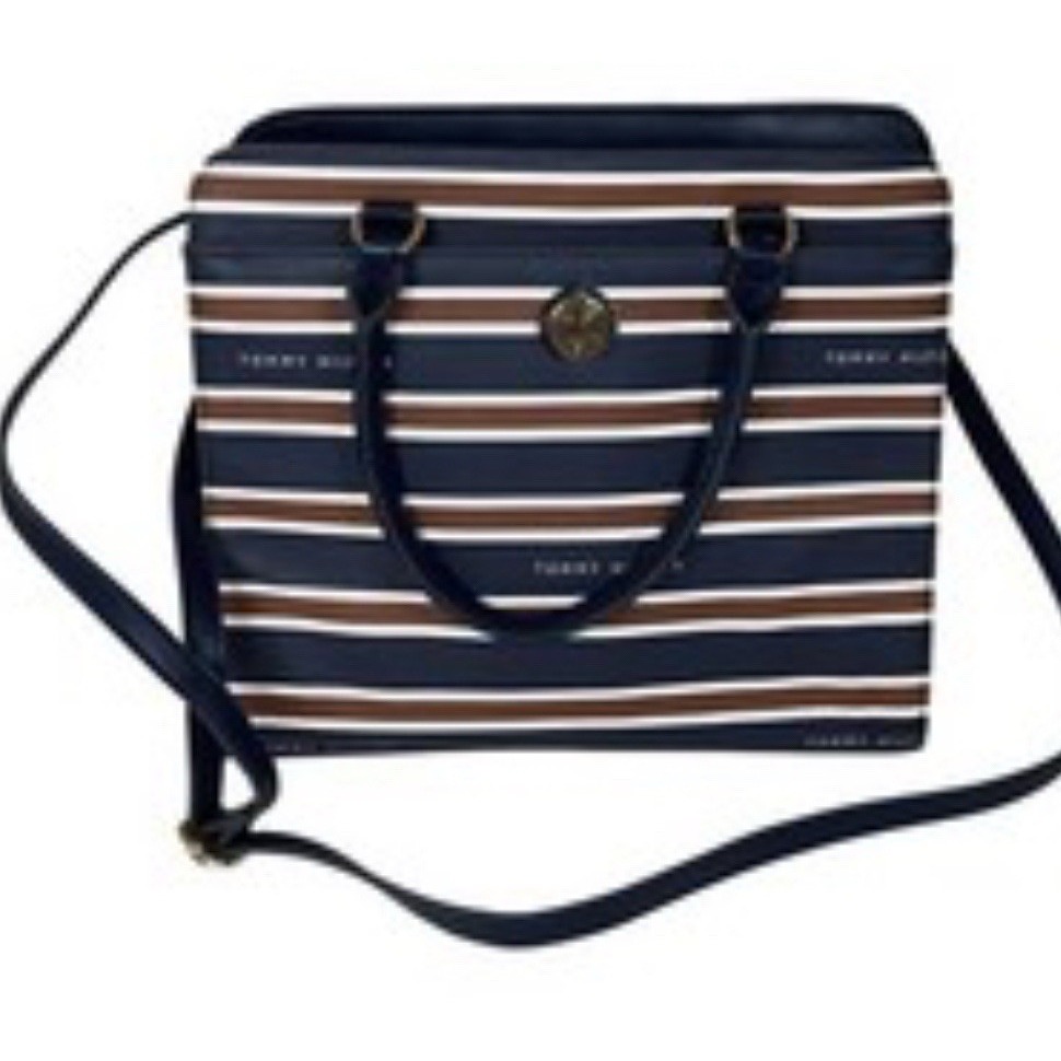 Tommy Hilfiger Bag Tote Shoulder Purse Navy Brown White Stripe tons of pockets