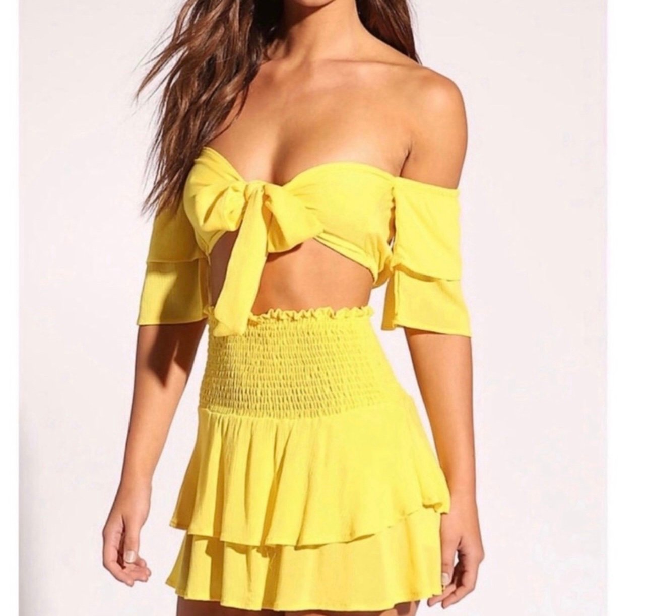 Two Piece Yellow Layered Mini Skirt and Tie Front Crop Top Set