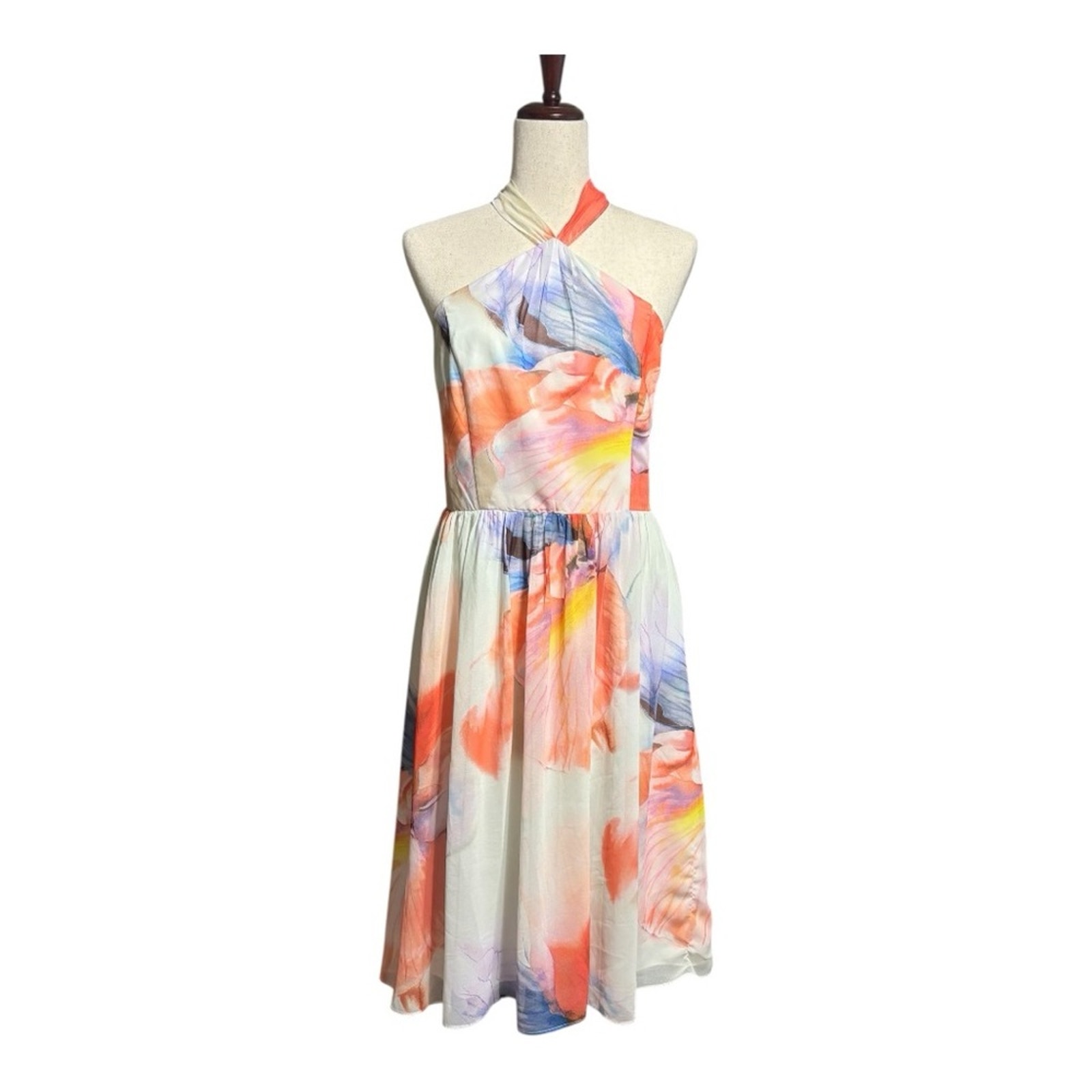 White House Black Market Orange and Blue Asymmetrical Halter Sundress Size 10