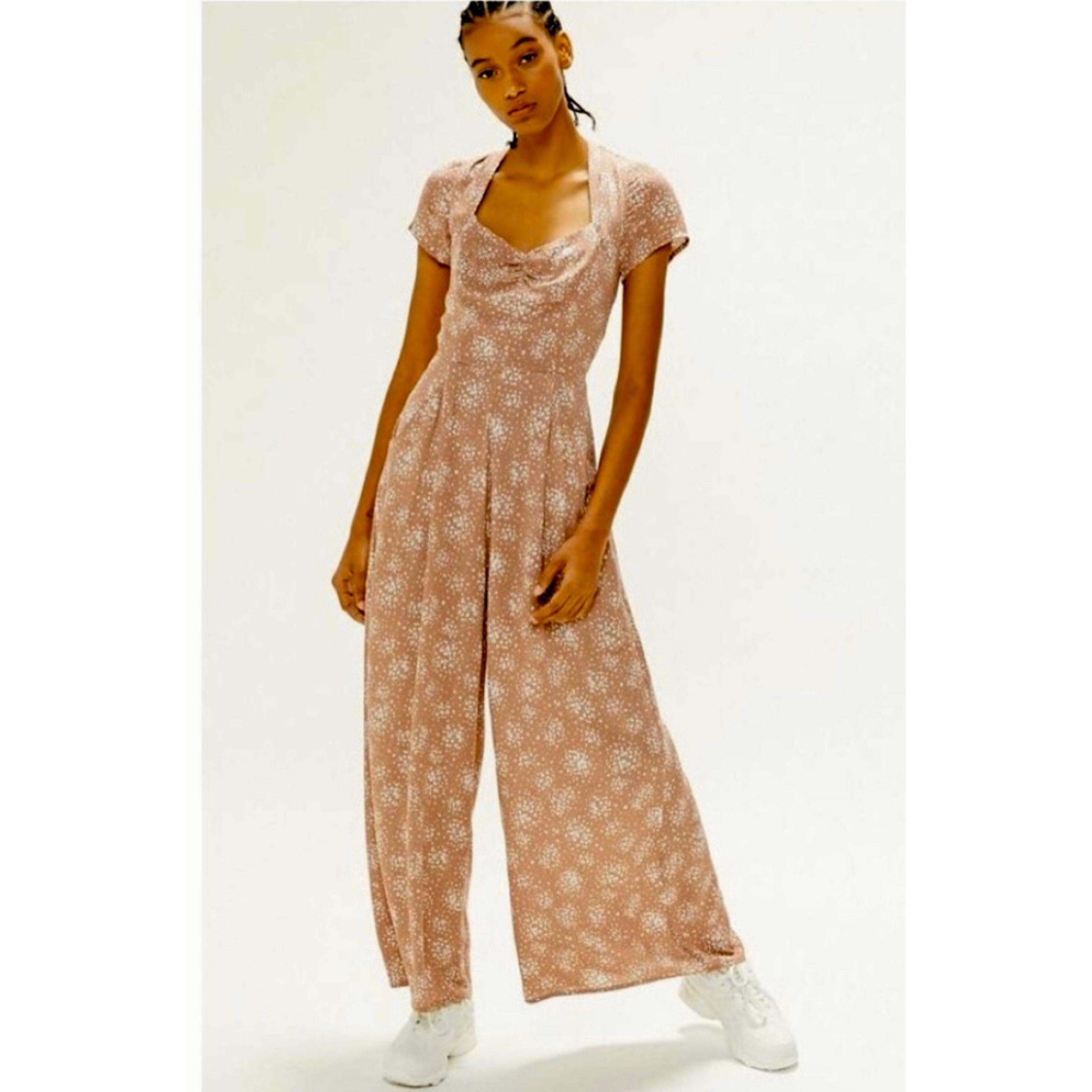 Urban Outfitters Rayon Pinkish Tan W White Wide Leg Pants Ruched Top Jumpsuit L