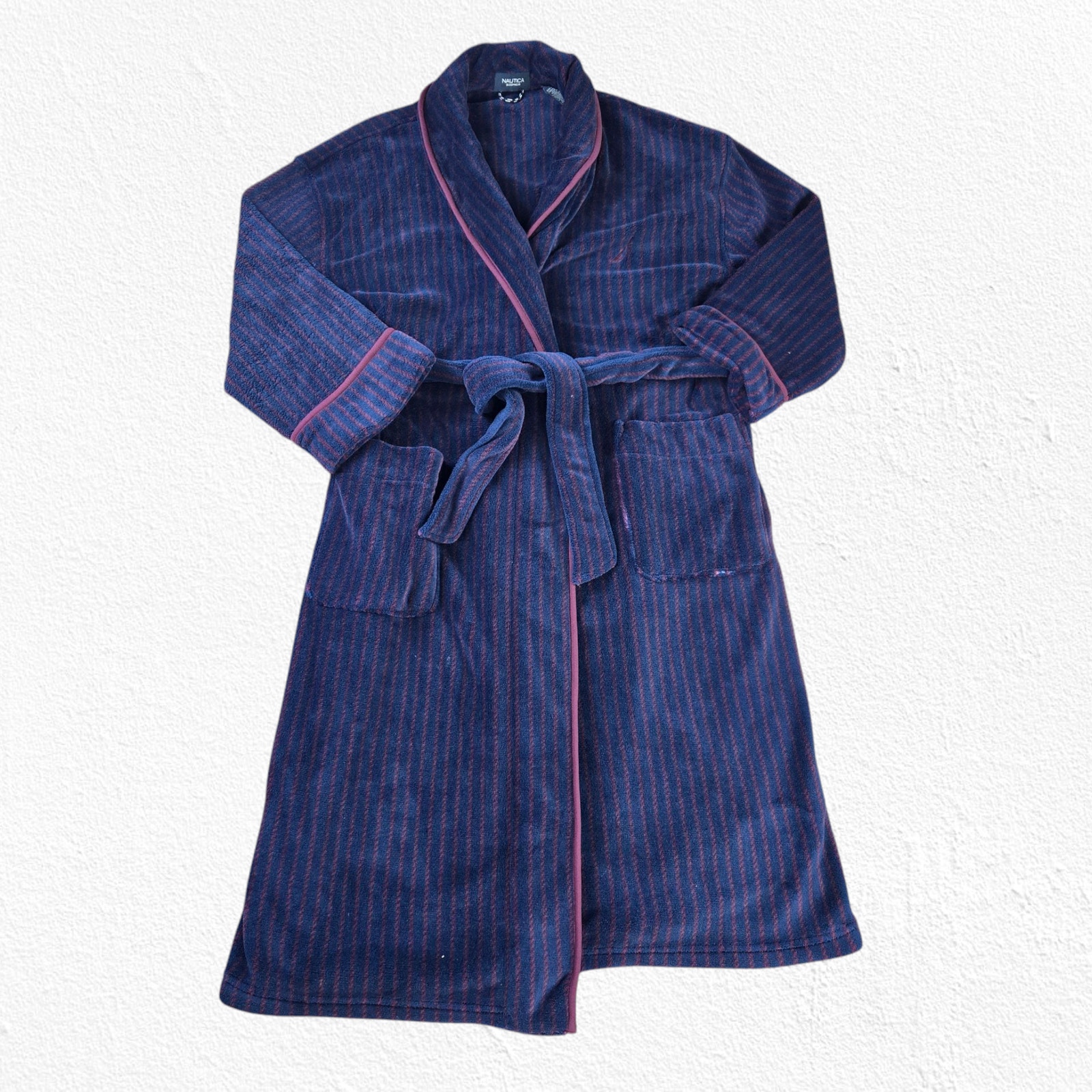 Nautica Sleepwear Navy Blue Red Pinstripe Plush Belted Lounge Bathrobe One Size